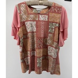 Christopher & Banks Patchwork Boho Top L Pink Floral Cottagecore Ruffle Sleeve